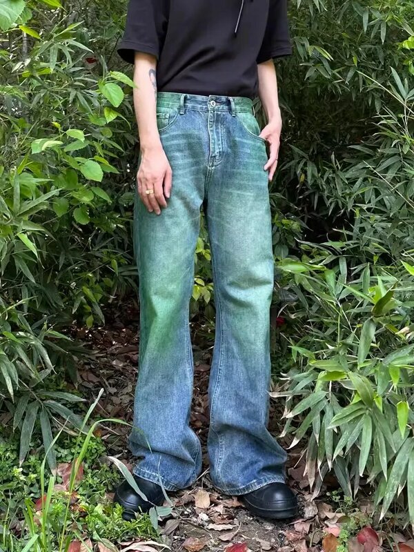 Red dachic Retro Green Wash Flare Jeans für Männer Clean Fit Whiskers Distressed entspannte Bootcut Denim Hose Y2k Harajuku Streetwear