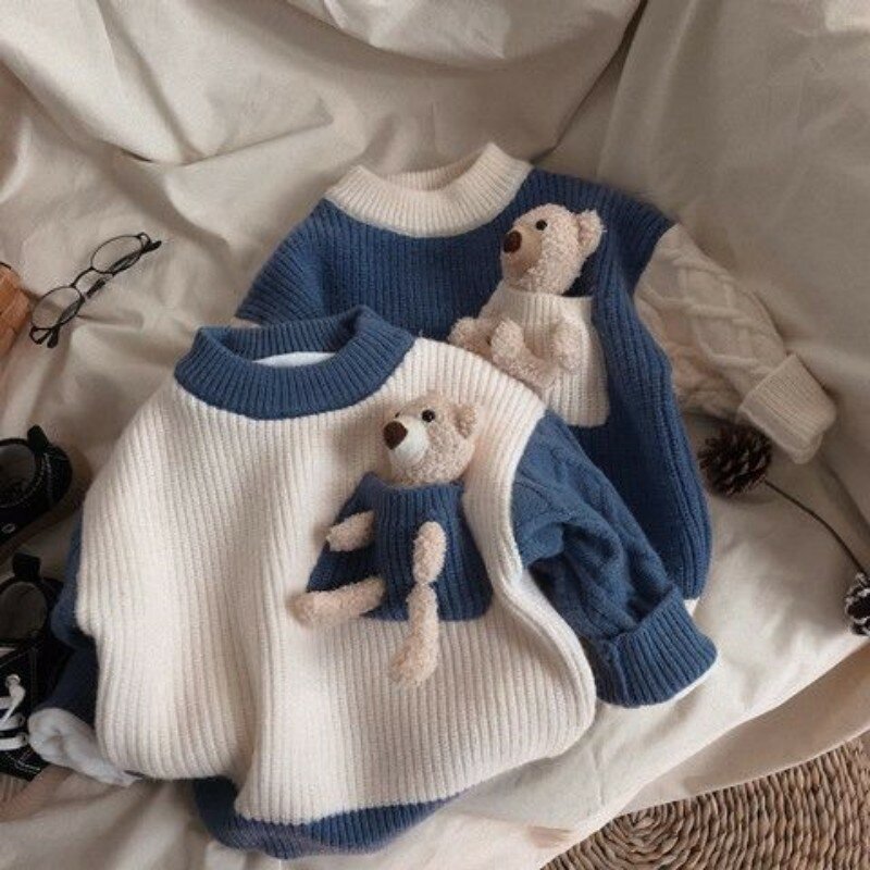 어린이 겨울 두꺼운 스웨터, 한국 대비 색상 봉제 니트 셔츠, 라운드 넥 언더레이, 남아 및 여아용