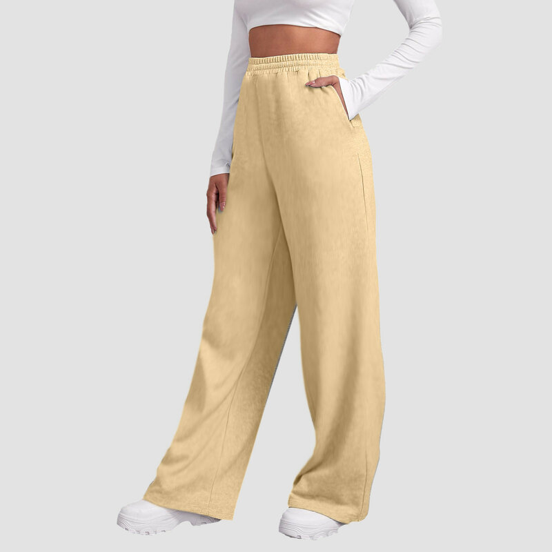 Calça de lã de perna larga feminina, calça de fundo reto, corredores de fitness simples com tudo, calça básica de viagem, 2024