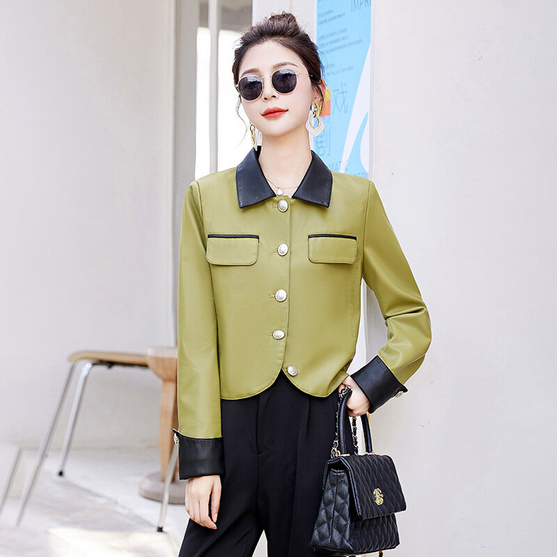 2024 Women's Autumn New Slim PU Leather Coat Metal Buckle Color Matching Casual Leather Coat