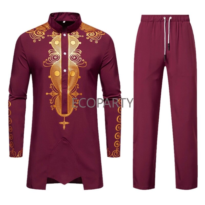 Mens African 2 Piece Set Traditional Suit Dashiki Long Sleeve Gold Print Button Down Shirt and Pants Outfit Piece Men Robe Set
