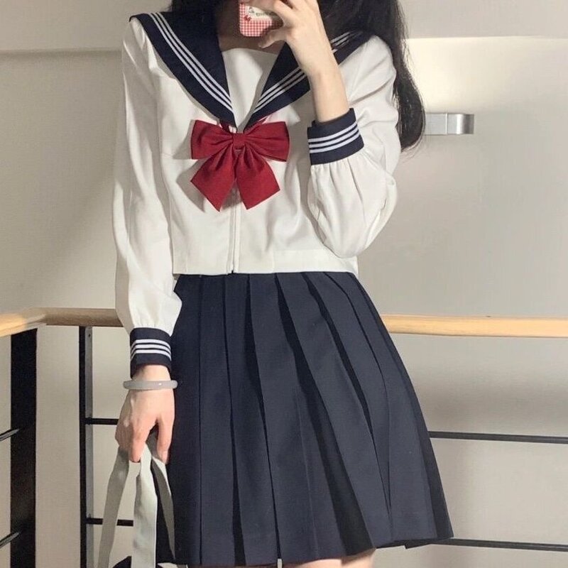 ชุดเครื่องแบบนักเรียนญี่ปุ่นสำหรับผู้หญิง JK สูทเซ็กซี่เสื้อกะลาสีสีขาวผูกแดงชุดเสื้อสูทแขนยาวสำหรับฤดูใบไม้ผลิและฤดูใบไม้ร่วง