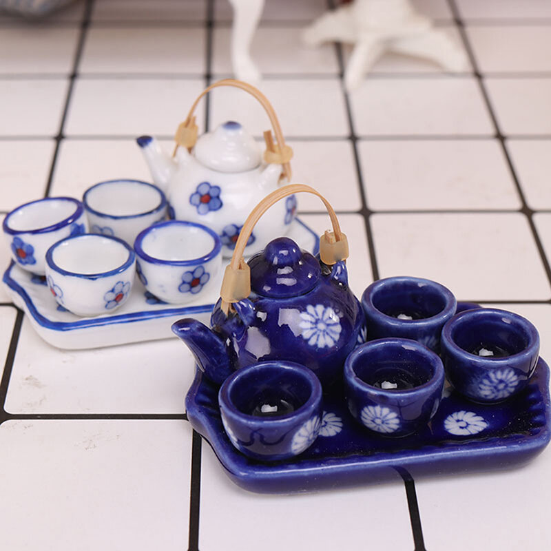 1Set 1/12 Dollhouse Miniature Accessories Mini Ceramics Tea Set Simulation Kettle Plate Cup Model Toys Doll House Decoration