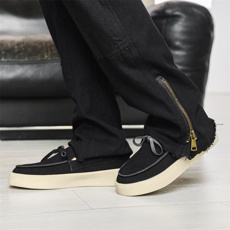 HKDQ-mocasines de ante gris para hombre, zapatos informales sin cordones, transpirables, con plataforma antideslizante, a la moda, para verano
