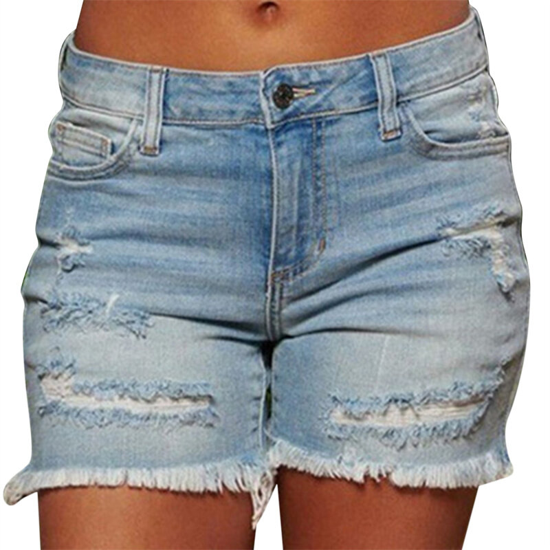 Pantalones cortos vaqueros rasgados para mujer, Shorts azules con bolsillos de borlas, ropa de calle de cintura alta con botones, Sexy, Rave, 2023