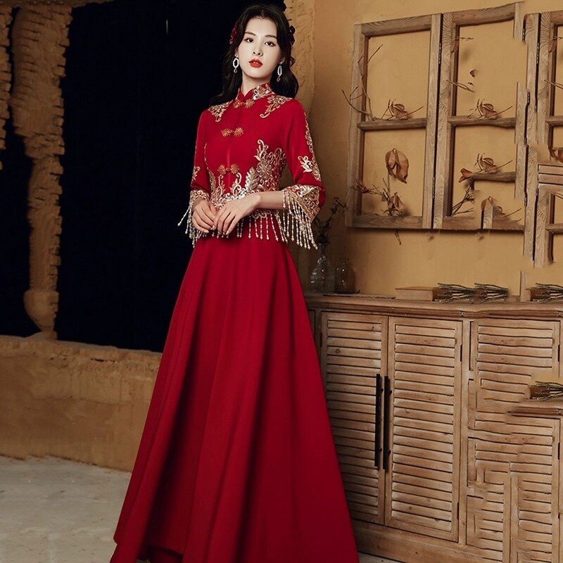 Vestido chinês de colarinho, vestido de festa de casamento, temperamento elegante Cheongsam, Borgonha, vestido nupcial vintage, brinde roupas