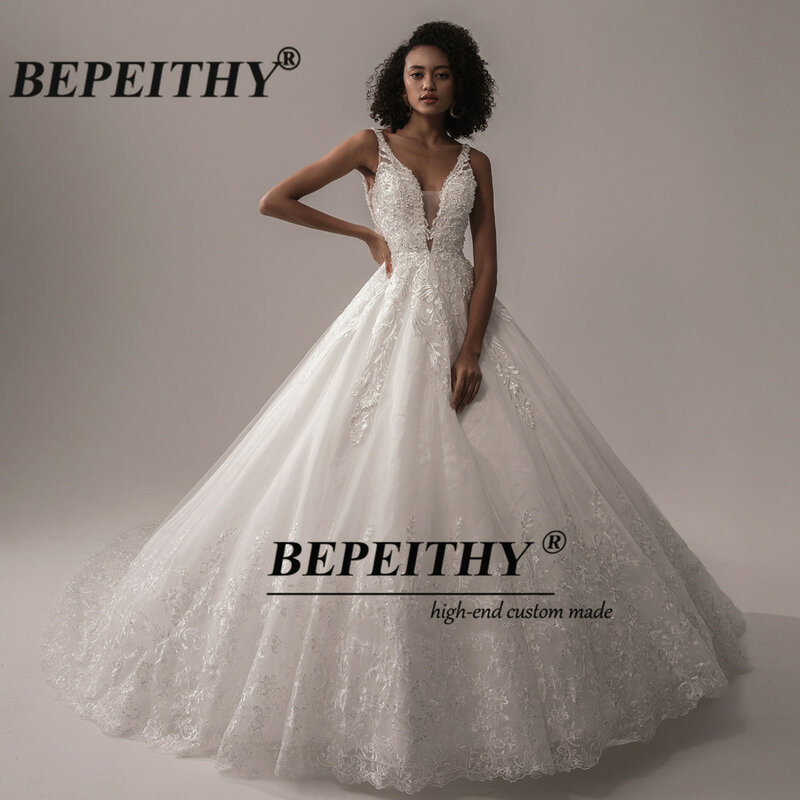 BEPEITHY 여성용 딥 브이넥 레이스 웨딩 드레스 2022, 인도 신부 공주, 아이보리 신부 부케 가운, 민소매 코트 트레인