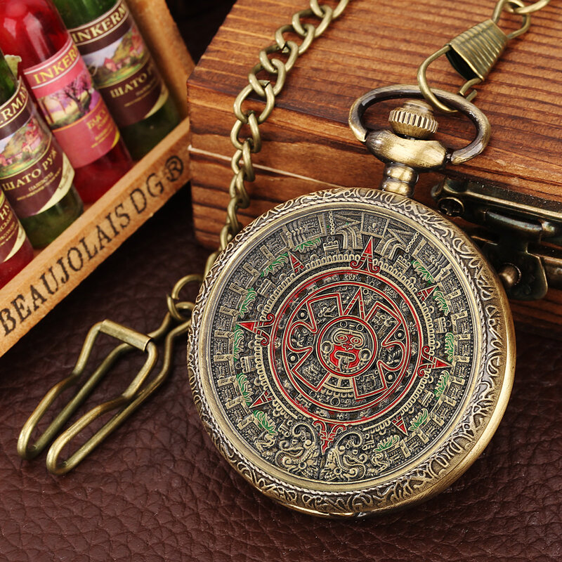 Vintage elegante Bronze Quartz relógio de bolso com Fob Cadeia, Arte Calendário, Maia, Asteca, Profecia Cultura, Padrão Alívio, Colar