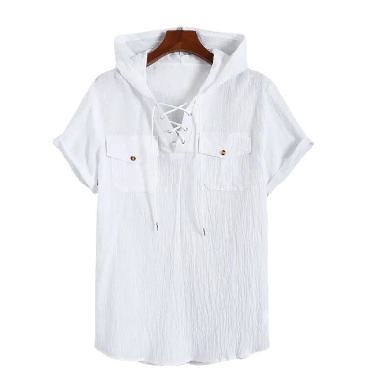 Shirt men's 2022 summer new fashion lace up patch pocket short sleeve Hooded Shirt