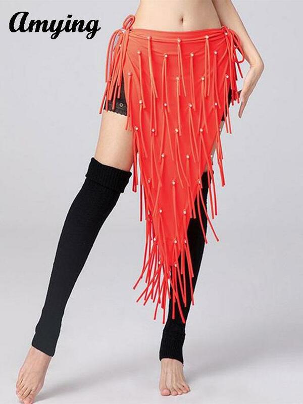 Женский удлиненный бандажный треугольный шарф из модала с жемчужинами для танца живота, тканевая бандажная юбка с кисточками, 2024