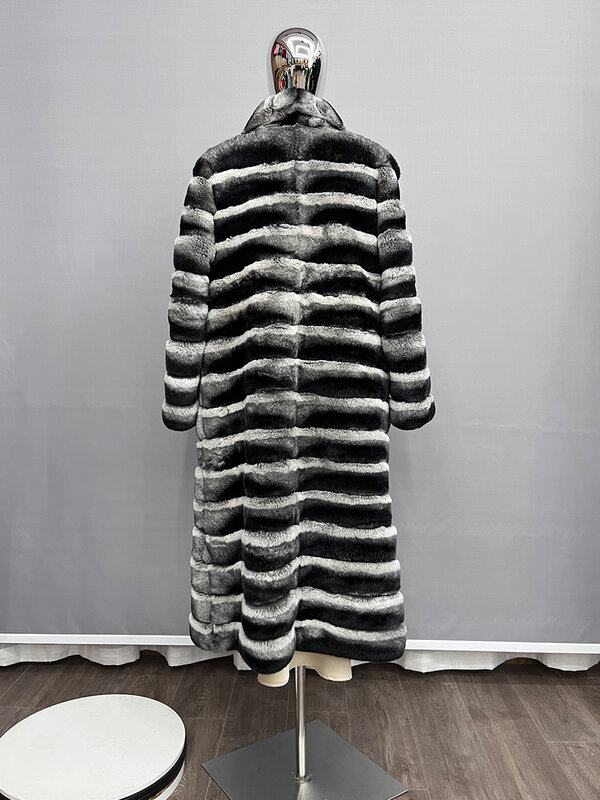 2023 Chinchilla Fur Coat Women Real Rex Rabbit Fur Jacket Long Women's Suit Collar Winter Fur Coat Winter Luxury Jacket Warm