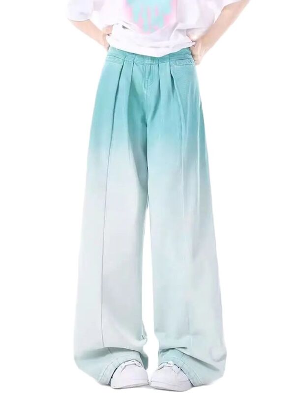 Женские джинсовые брюки в стиле Харадзюку, синие джинсовые брюки с высокой талией и градиентом, винтажная уличная одежда в стиле ретро, Y2K, Осень-зима 2024