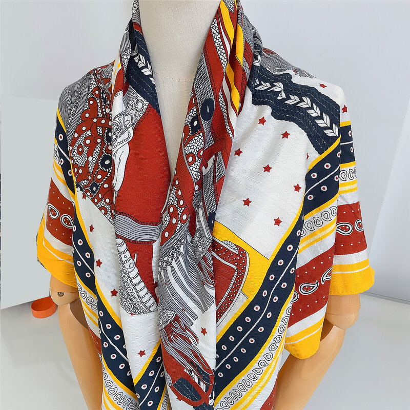 Bufanda de Cachemira de seda térmica para mujer, chales enrollados a mano, estampado de sillín, pañuelo cuadrado, Hijabs grandes, Foulard femenino, Invierno