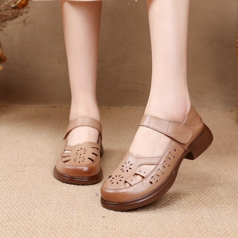 Sandales en cuir véritable découpées pour femmes, chaussures d'été à lanières, talons bas, large, orthopédique, confortable, jolie