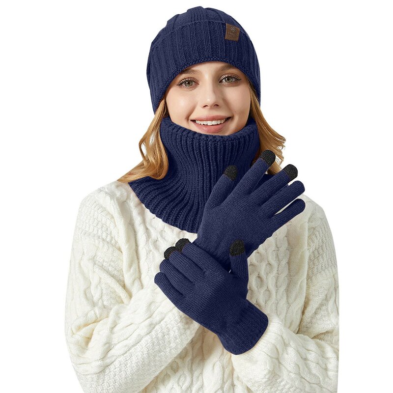 Topi rajut hangat wanita, syal dan sarung tangan tiga potong Set, topi rajut hangat tebal polos musim dingin untuk pria dan wanita 2024