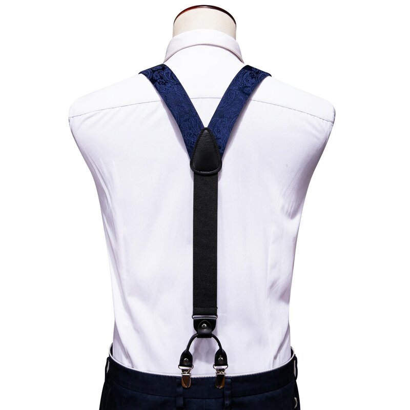 Barry.Wang Dark Blue Men's Suspender Paisley Silk Bowties Handkerchief Cufflinks Set Fashion Jacquard Accessories Business Party