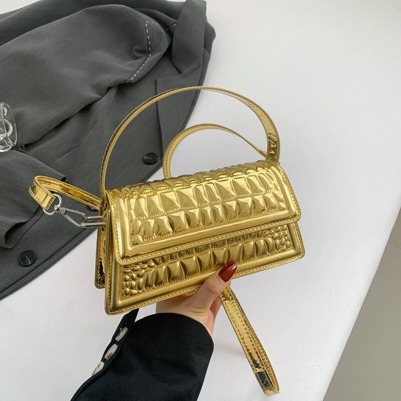 Tas tangan kecil kulit buaya emas perak, tas selempang pola buaya dengan pegangan pendek