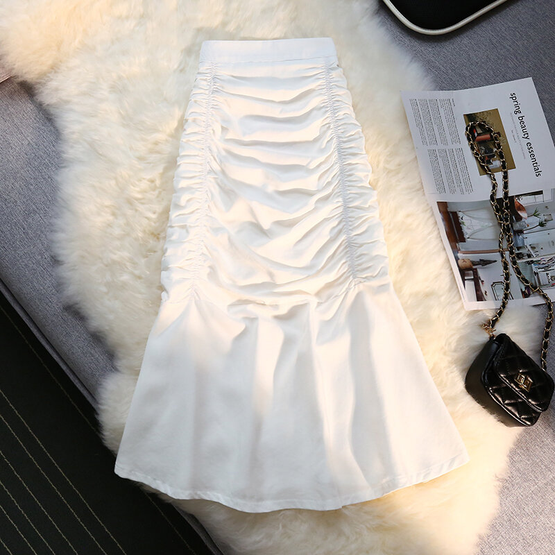 Wisher&Tong Women's Mermaid Skirt Hight Waist Folds Long Skirts Korean Fashion Pleated Midi Skirt 2022 Summer Jupe Femme