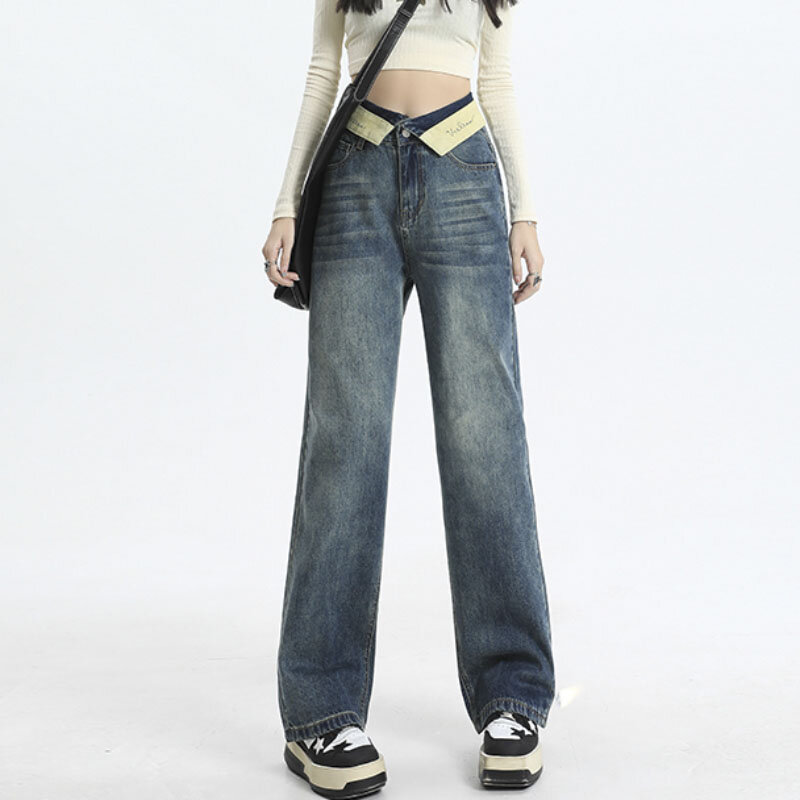 Женские винтажные мешковатые джинсы Y2K в Корейском стиле Харадзюку, прямые широкие брюки с высокой талией, джинсовые брюки