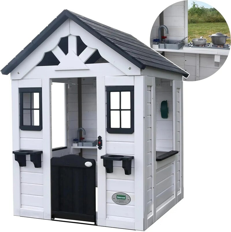 Backyard Discovery Sweetwater All Cedar White Modern Outdoor Wooden Playhouse, Cottage, Sink, Stove, Windows