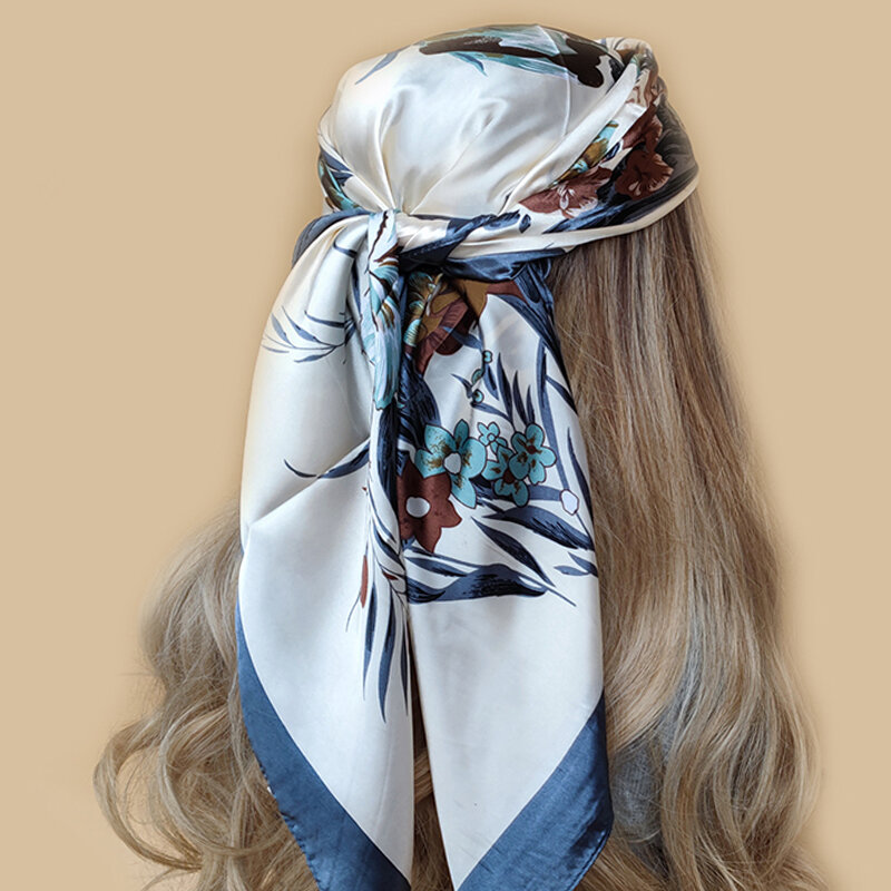 Headcloth syal sutra cetak Fashion bandana persegi mewah empat musim 90X90CM syal tabir surya bunga Populer
