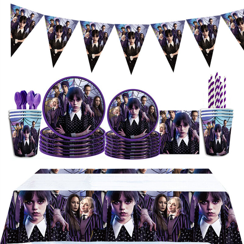Horror Movie Wednesday Adams Birthday Party Flag Balloon Background Decoration Wednesday Cutlery Baby Shower Party Supplies
