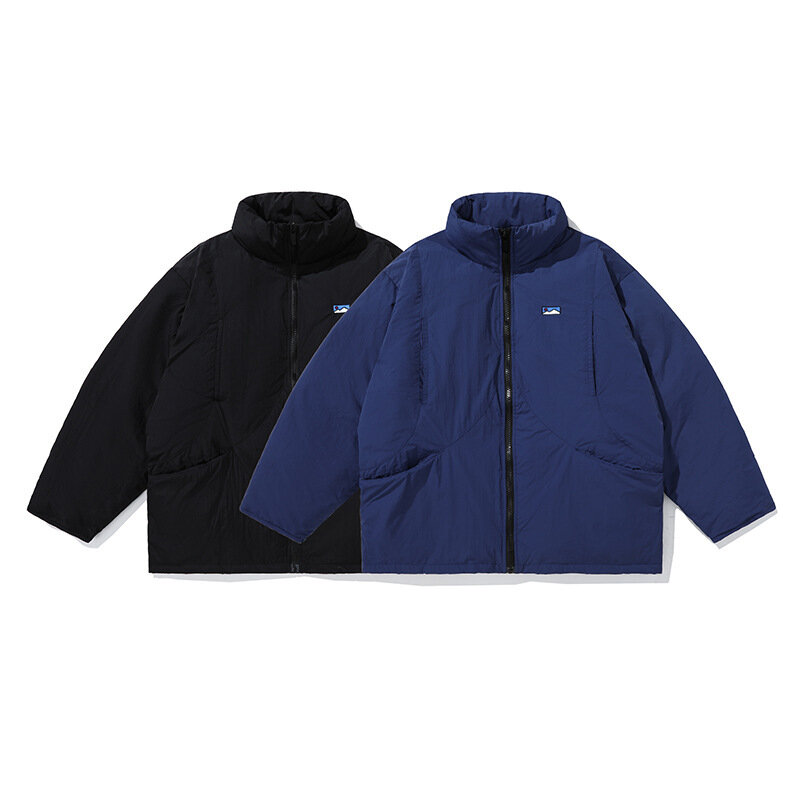 Coleção de cores sólidas de inverno linha brilhante tridimensional remendo bolso gola para baixo jaqueta tendência japonesa solta