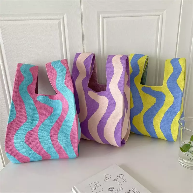 Bolsas de malha com listras YLB2 para mulheres, pulso artesanal, sacola pequena casual, meninas, sacolas de compras reutilizáveis, novas