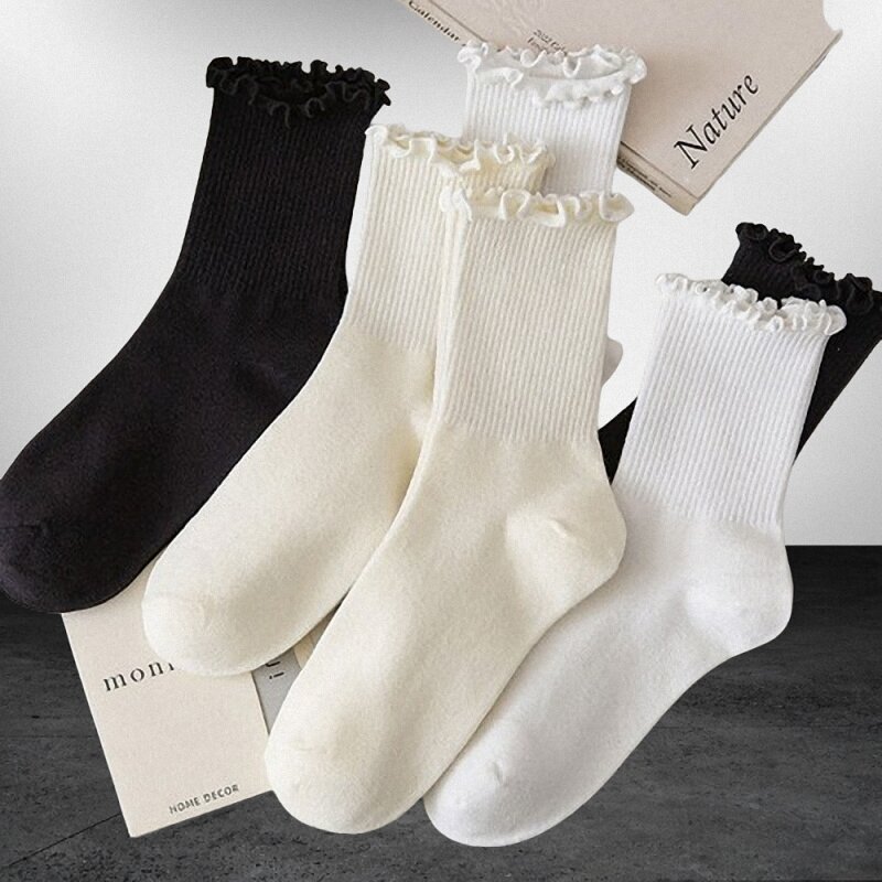 Meias de algodão com babados para mulheres, meias engraçadas, meia respirável, cor sólida, preto e branco, moda nova e fofa, 5 pares, 10 pares