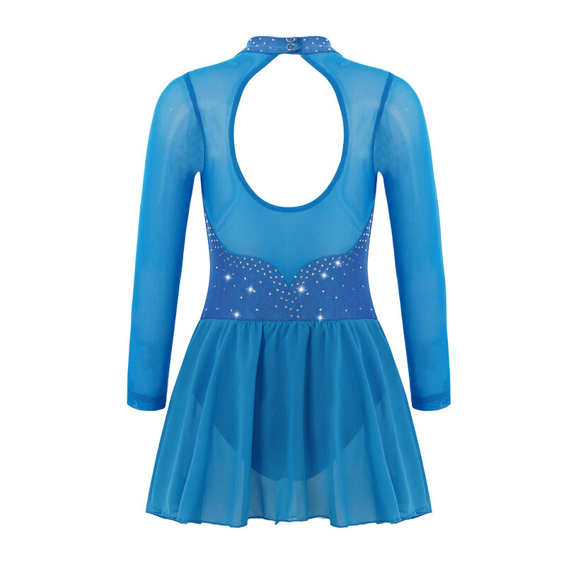 Vestido de patinaje artístico con diamantes de imitación para niñas, ropa de baile de manga larga, recortes de empalme de malla en la espalda, leotardo de gimnasia, vestido de Ballet
