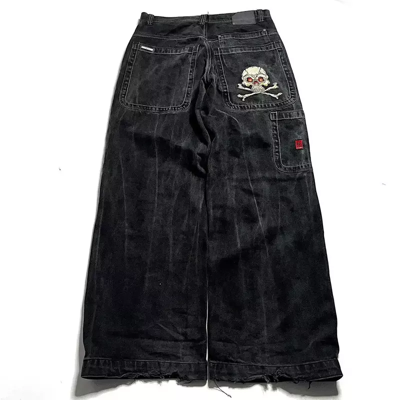 Harajuku retro skull pattern embroidered loose jeans denim trousers for men and women gothic high-waisted wide pants  Jeans