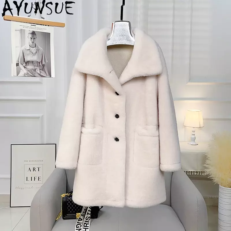 Ayunsue-女性の顆粒ラムウールコート、ミドル丈羊毛ジャケット、スタンドカラー、シングルブレスト、秋冬、2022