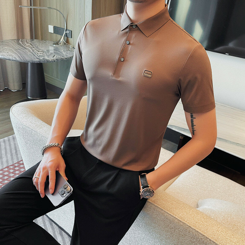 Kaus Polo elastis lengan pendek pria, kemeja Polo elastis kualitas tinggi untuk bisnis Formal pria warna Polos cocok untuk semua