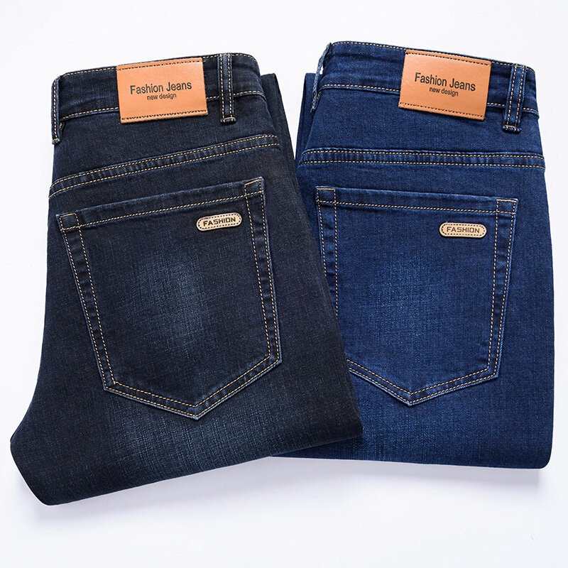 Celana panjang Jeans bisnis pria, Jeans Denim longgar lurus lembut nyaman Anti Maling, ritsleting modis untuk pria