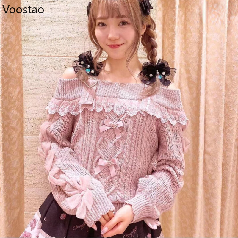 Vintage Sweet Lolita Style Knitted Pullover Autumn Girls Cute Off Shoulder Lace Ruffles Bow Sweater Women Harajuku Knitwear Tops