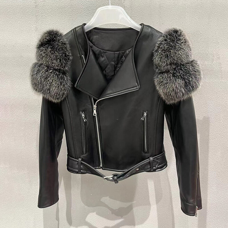 Jaket kulit asli wanita, mantel kulit domba asli baru 2024 bulu asli untuk musim semi musim gugur