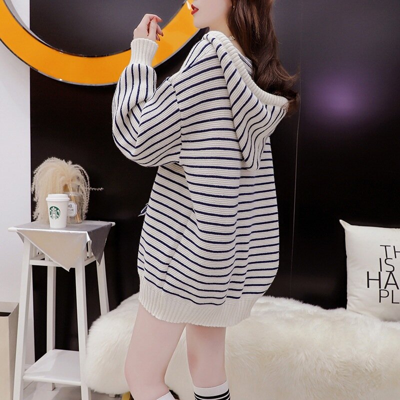 #3846 Striped Hooded Sweater Women Loose Korean Style Knitted Vintage Women Sweaters And Pullovers Batwing Sleeve Autumn Winter