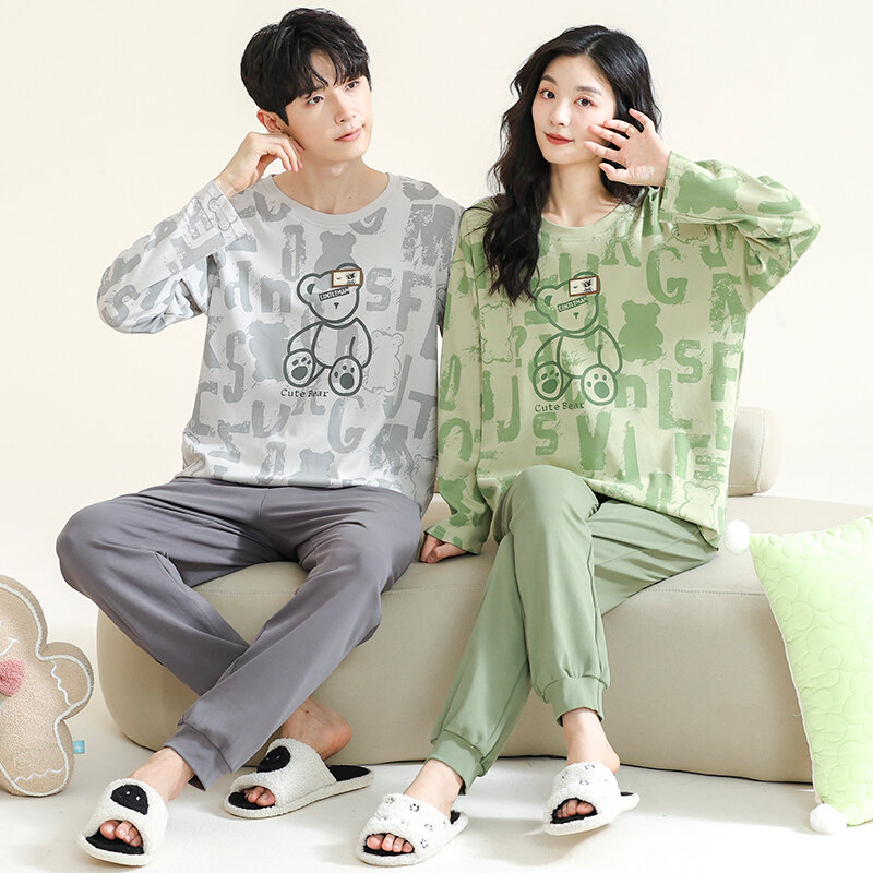 Herbst Cartoon Bär Frauen Männer Pyjama Set Paare Nachtwäsche koreanische Pyjamas Langarm Baumwolle Pyjamas de Pareja Hombre y Mujer
