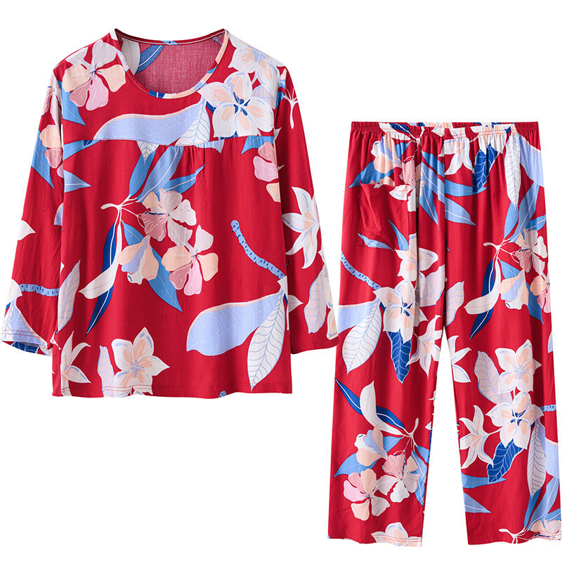 Conjunto de pijamas de manga comprida feminino, pijama de gola redonda, roupa de mãe de meia idade, conjunto de 2 peças, outono