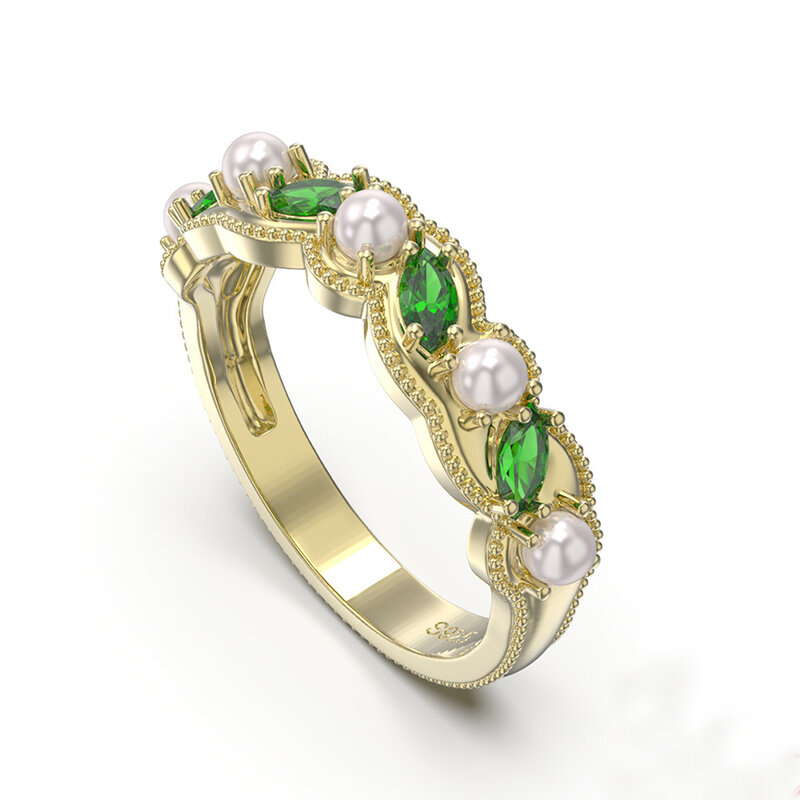 แหวนทอง14K ชุบเงินสเตอร์ลิง925ไข่มุกน้ำจืดธรรมชาติและแหวนเพชรสังเคราะห์สีเขียวมรกตแนวย้อนยุคสำหรับผู้หญิง metiseko
