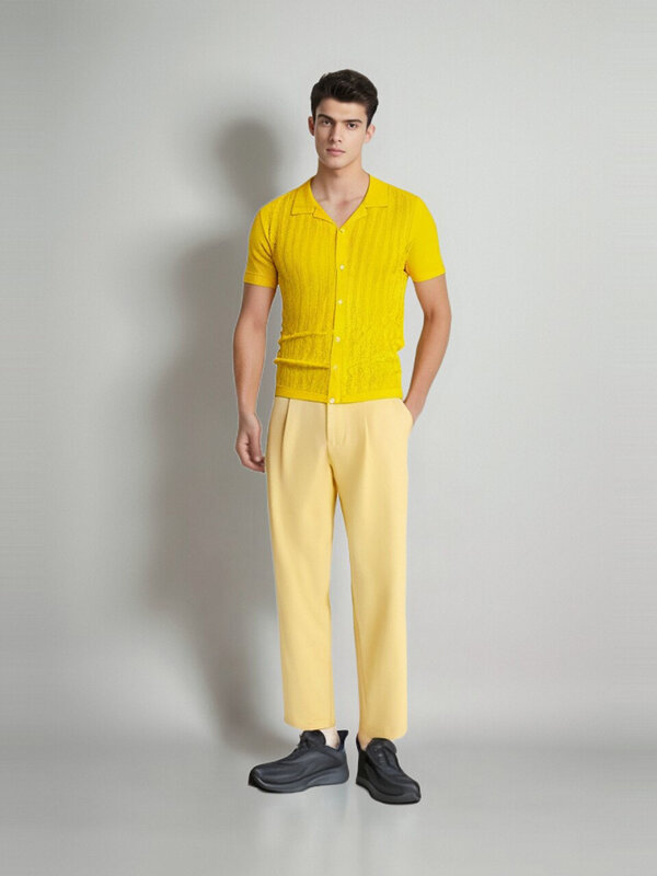 Polo jaune à manches courtes pour homme, chemise en tricot, vintage, boutonné, décontracté, été, plage, vacances, Y-Chemise zones me média