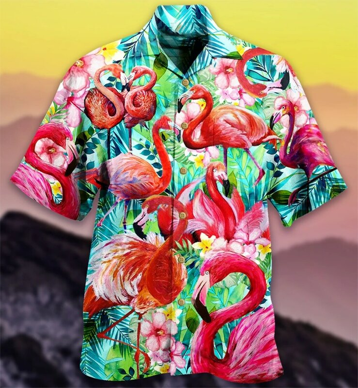 เสื้อฮาวายฤดูร้อนสำหรับผู้ชายเสื้อผ้าผู้ชายฮาราจูกุแฟชั่นชายหาดพิมพ์ลายฟลามิงโก้แขนสั้นขนาดใหญ่3D