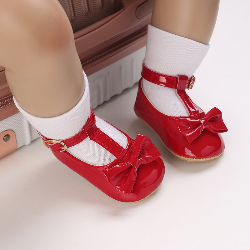 Классические туфли для новорожденных, из ПУ кожи, на резиновой подошве, с бантом