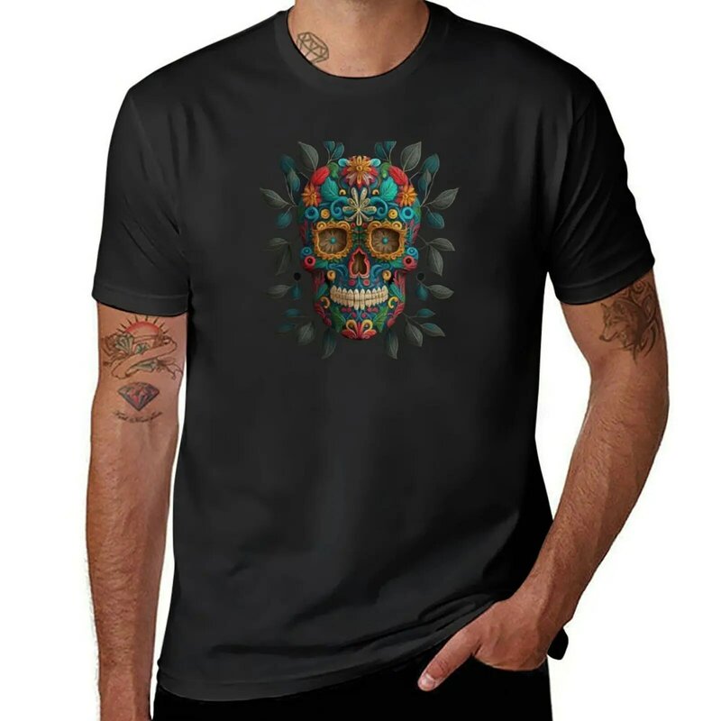 Deluxe design wykonany z haftu czaszka tkanina dzień zmarłych, Dia de los Muertos t-shirt koreańska moda męska odzież
