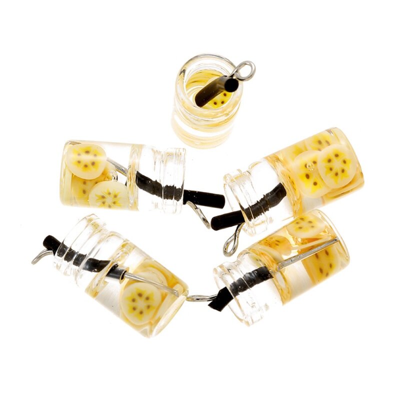 Resina Fruit Juice Pendant, Pingentes Simulação Lemon Mini Juice Bottle Pendant, Garrafa de vidro laranja, 10pcs por conjunto