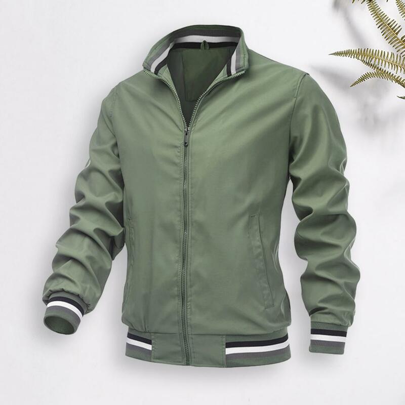 Spring Autumn Men Solid Color Windbreaker Stand Collar Long Sleeve Casual Jacket Side Pockets Zipper Placket Sports OverCoat