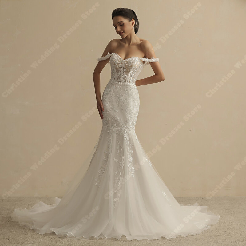 Proste tiulowe damskie suknie ślubne formalne z odkrytymi ramionami syrenka długość ślub księżniczki sukienki plażowe Vestidos De Casamento