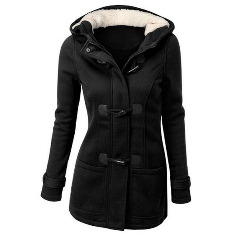Women Jackets Plus Size Winter Fashion Women Solid Color Horn Buckle Hooded Long Sleeve Coat