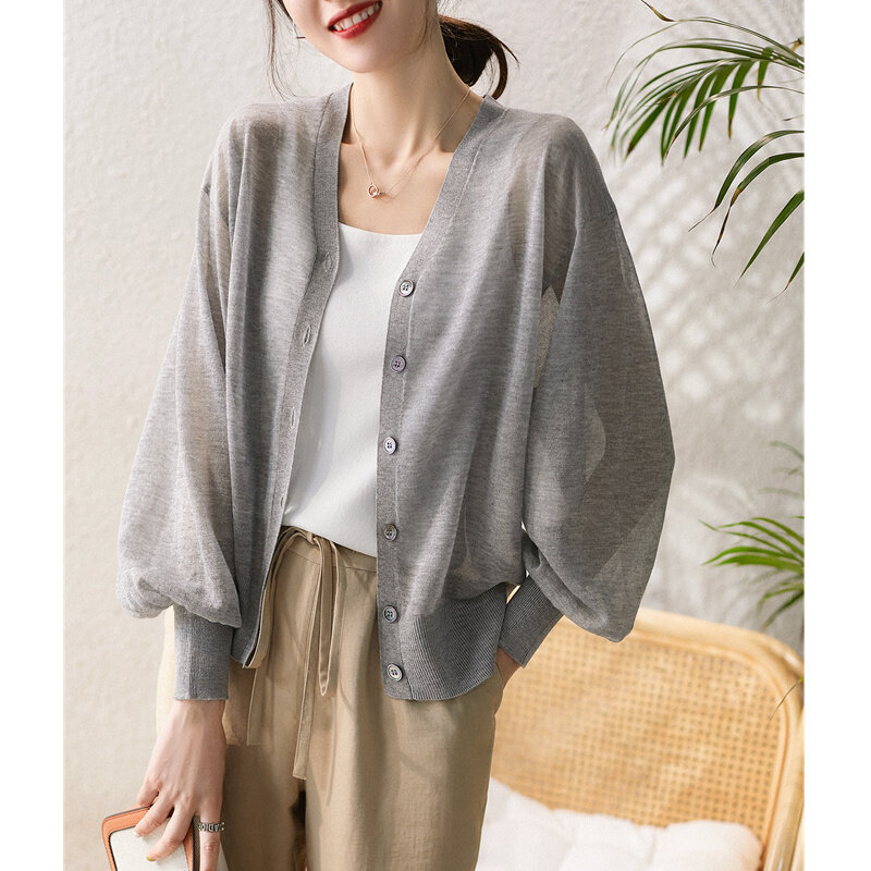 Cárdigan de algodón y lino de manga larga para mujer, chaqueta fina suelta de algodón con protección solar, aire acondicionado, para verano