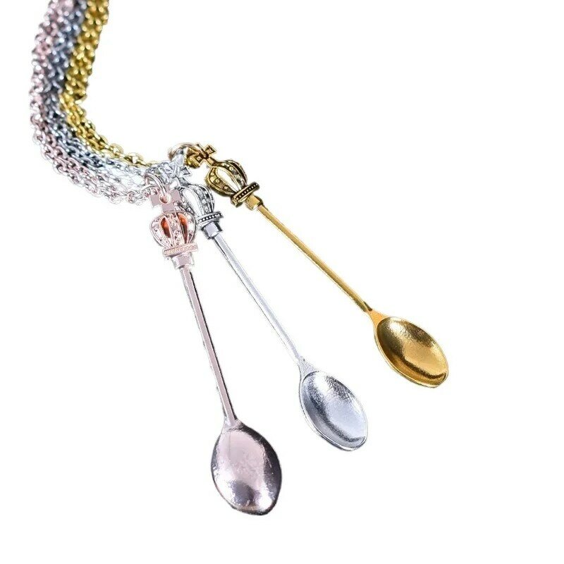 Mini cucharadita chapada en oro y plata de 3 piezas, corona, cuchara de té, pala real Vintage, collar para Festival de Ibiza